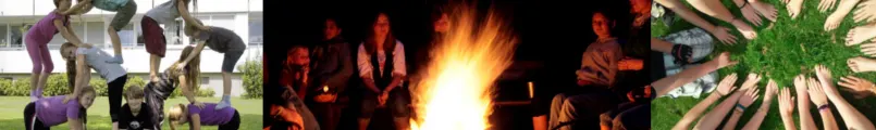Collage: Menschenpyramide, Lagerfeuer bei Nacht und Hände im Kreis auf dem Gras