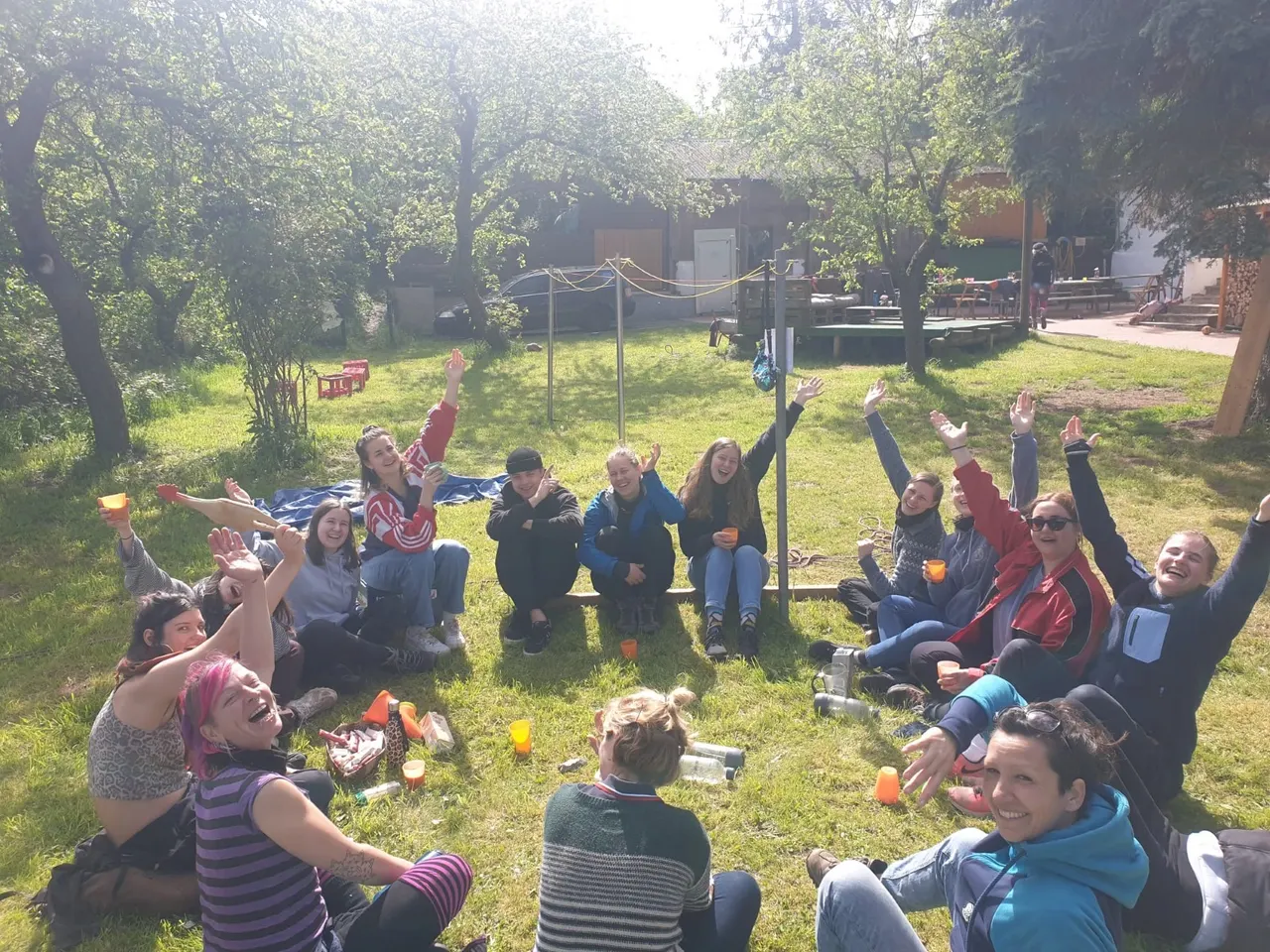 Die neuen Trainer*innen sitzen beim Basiswochenende im Kreis auf einer Wiese und reißen jubelnd die Arme hoch