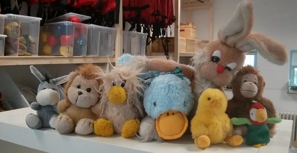 Eine Reihe Kuscheltiere – Esel, Löwe, zotteliger Vogel, blaue Ente, Küken, Affe, Papagei und ein großer Hase – sitzt auf einem Tisch im Materiallager, dahinter Regale mit Ballkisten, Klettergurten und roten Schwimmwesten