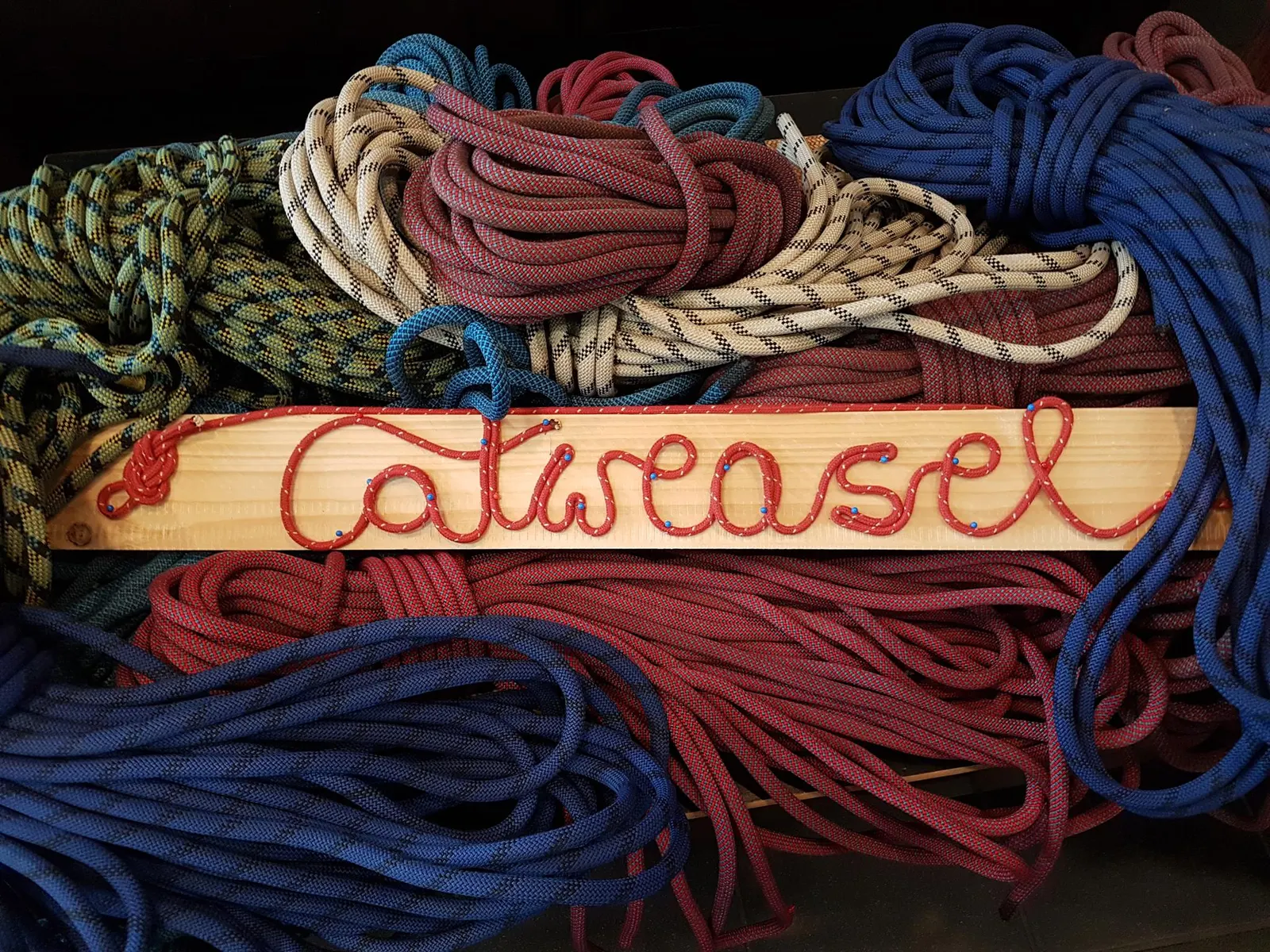 Der Schriftzug „Catweasel“ aus rotem Kletterseil auf einem Holzbrett, umgeben von aufgeschossenen roten, blauen, grünen und weißen Kletterseilen